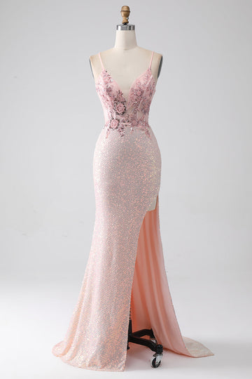 Vestido de fiesta de sirena con cuentas rosas brillantes con abertura